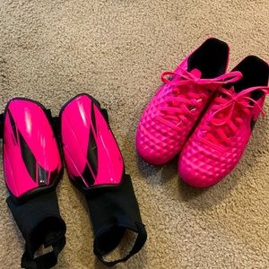 Girls soccer cleats and shin guards